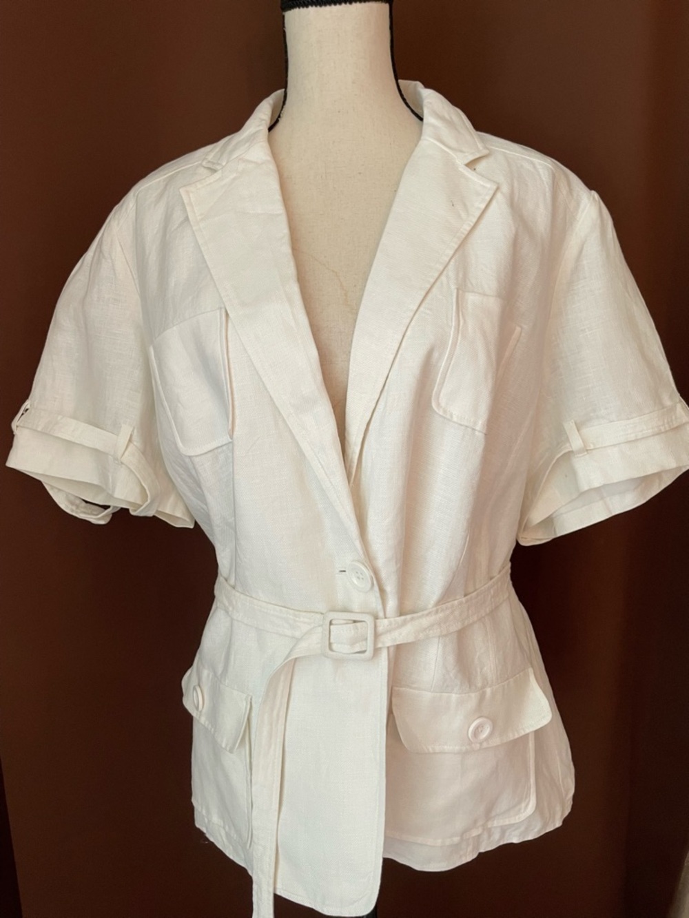 NWOT 100% Linen Washable Belted Lined Short Sleeve Jacket White Plus Size 2X